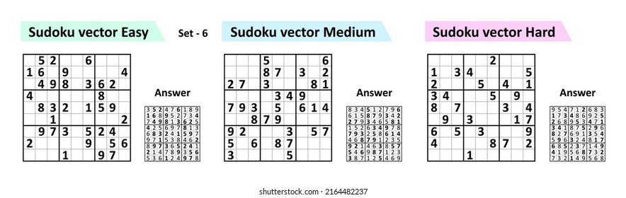 Collection Sudoku game with answers. Different complexity. Simple vector design set Sudoku.