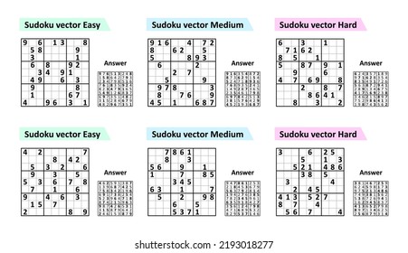 Collection Sudoku game with answers. Different complexity. Simple vector design set Sudoku.