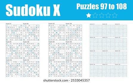 Una colección de rompecabezas de Sudoku X, números 97 a 108, con restricciones diagonales de nivel fácil. Soluciones incluidas para todos los puzzles, perfecto para principiantes que buscan desafíos lógicos simples y divertidos