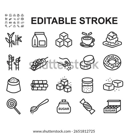 A collection of sugarcane and sugar icons. Thin line style vectors. Contains icons such as granulated sugar, sugarcane, sweet foods, and more.