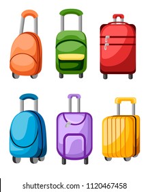 Collection of suitcase and luggage. Different colorful luggage bag. Travel luggage set. Flat vector illustration. Isolated on white background.