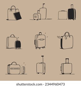 Collection of suitcases in the style of line art. Luggage icons set. Editable stroke icon. Vector illustration