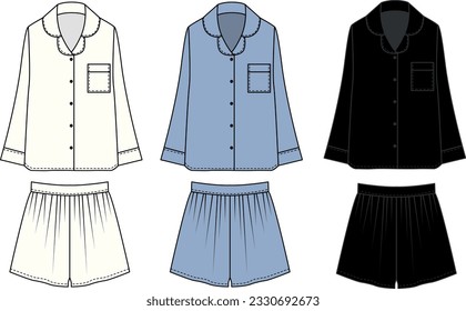 Collection of suits made of shorts and loose fit shirts, white, blue and black colors. Set of linen style clothing templates of shorts and long sleeve shirt with button up shirt, vector.