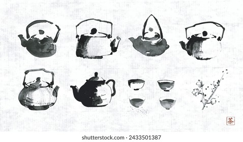 Collection of sumi-e style ink wash paintings of teapots and cups on rice paper background. Translation of hieroglyph - tea