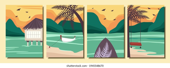 Collection of summer abstract posters with landscape. Ocean, beach, palm trees, boat. Vector illustration.