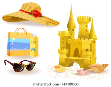 Collection of summer accessories for the holiday. Sand castle on the sand of the sea, beach bag, spray tanning and sun glasses and straw hat from the sun with large fields isolated on white.