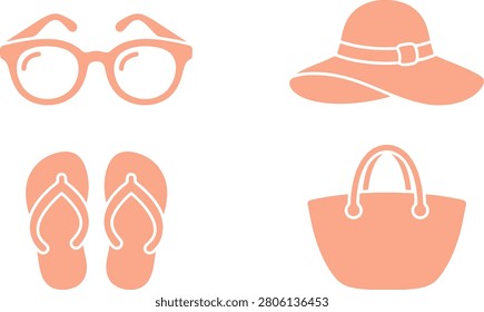Collection of Summer Accessories Including Sunglasses, Hat, Flip Flops, and Tote Bag