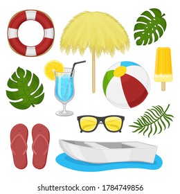 Collection of summer accessories on a white background. Tropical paradise.. Isolated object on a white background. Cartoon style.