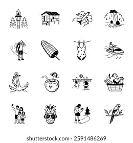 Collection of Summer Activities Doodle Icons 
