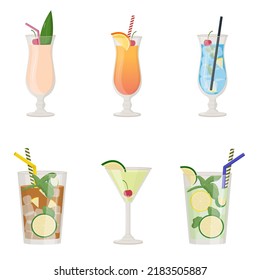 Collection de boissons alcoolisées d'été, cocktails tropicaux. Concept de beach party. Illustration vectorielle à plat