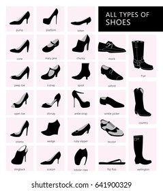 Collection of summer, autumn and winter shoes. Set of fashionable women's shoes. Different types of footwear. Vector silhouettes from shoes.