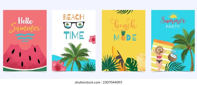 Collection of summer background set with beach,watermelon,sea.Editable vector illustration for invitation,postcard and website banner