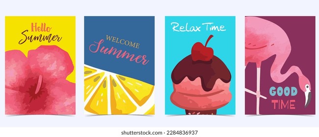 Collection of summer background set with fruit,flamingo,lemon.Editable vector illustration for invitation,postcard and website banner