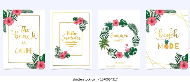 Kollektion von Sommerhintergrund mit Hibiskus, Kokosnussbaum.Bearbeitbare Vektorillustration Illustration für Einladung Neujahr, Postkarte und Website-Banner