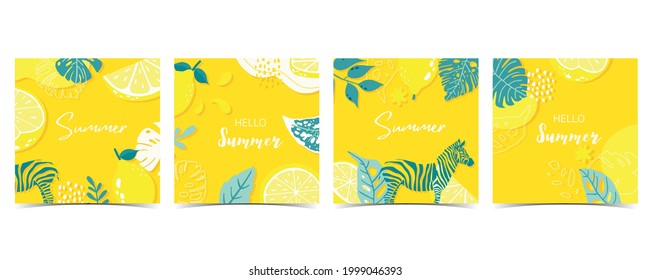 Collection of summer background set with leaves,lemon,zebra on yellow background