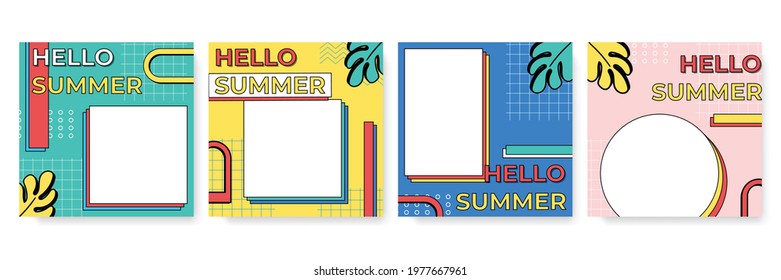 Collection of summer background set with palm, liquid shapes, foliage line art, flower. Editable vector illustration for invitation, greeting card, postcard, social media post and website banner