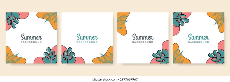 Collection of summer background set with palm, liquid shapes, foliage line art, flower. Editable vector illustration for invitation, greeting card, postcard, social media post and website banner