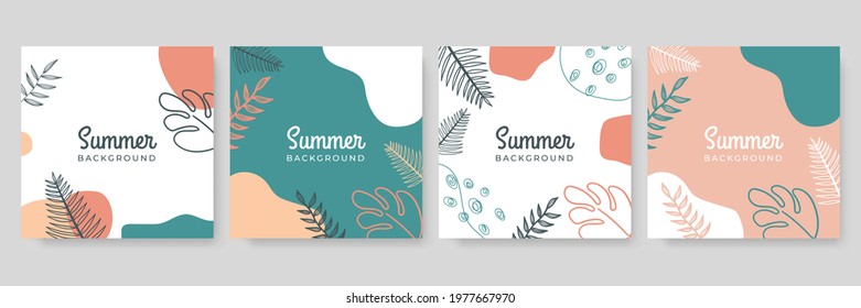 Collection Of Summer Background Set With Palm, Liquid Shapes, Foliage Line Art, Flower. Editable Vector Illustration For Invitation, Greeting Card, Postcard, Social Media Post And Website Banner