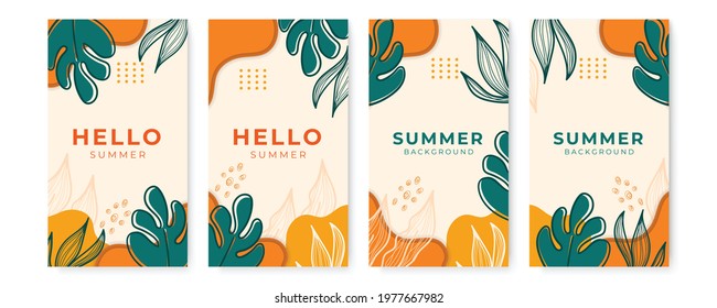 Collection of summer background set with palm, liquid shapes, foliage line art, flower. Editable vector illustration for invitation, greeting card, postcard, social media post and website banner