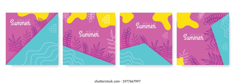 Collection of summer background set with palm, liquid shapes, foliage line art, flower. Editable vector illustration for invitation, greeting card, postcard, social media post and website banner