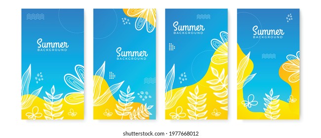Collection of summer background set with palm, liquid shapes, foliage line art, flower. Editable vector illustration for invitation, greeting card, postcard, social media post and website banner