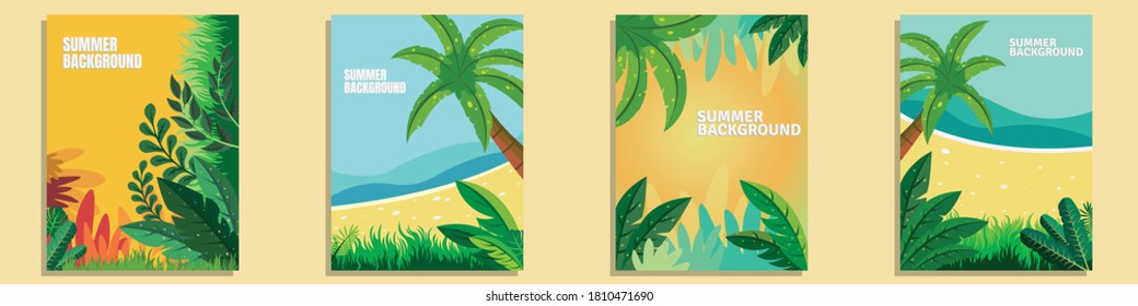 Collection of summer background set with palm,coconut tree,sea,beach,grass,leaves.Editable vector illustration for invitation,postcard and website banner.
