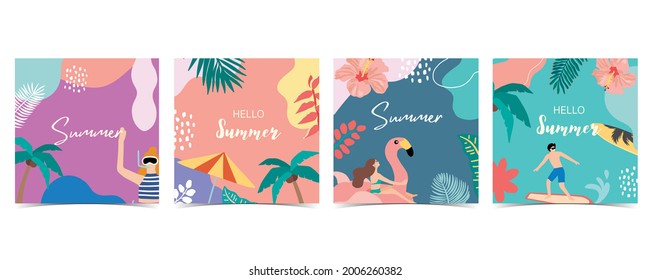 Collection of summer background set with palm,coconut tree,sea,beach.Hello summer