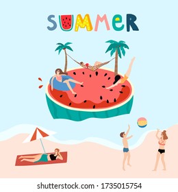 Collection of summer background set with people,watermelon,beach,coconut tree.Editable vector illustration for New year invitation,postcard and website banner