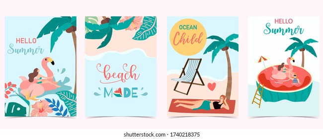 Collection of summer background set with people,watermelon,beach,coconut tree.Editable vector illustration for invitation,postcard and website banner.Hello summer