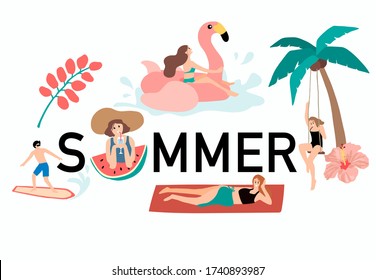 Collection of summer background set with people,watermelon,beach,coconut tree.Editable vector illustration for invitation,postcard and website banner.Hello summer