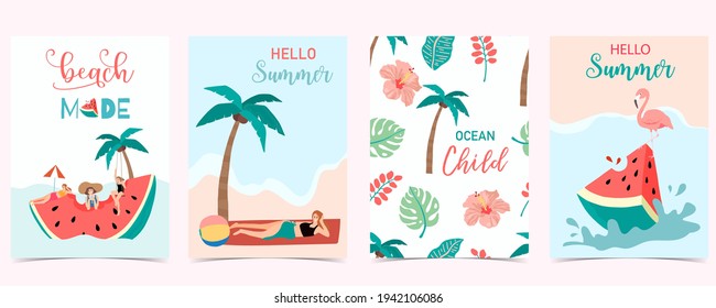 Kollektion von Sommerhintergrund mit Menschen,Wassermelon,Strand,Kokosnussbaum.Bearbeitbare Vektorgrafik für Einladung, Postkarte und Website-Banner.Hallo Sommer