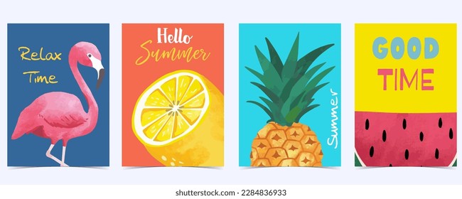 Collection of summer background set with pineapple,flamingo,watermelon.Editable vector illustration for invitation,postcard and website banner