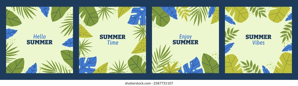 Collection of summer banners with tropical leaves. Summer time greeting vector poster set. Hand drawn illustration.