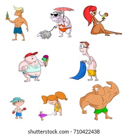 Collection of summer beach characters. Vector colorful illustrations