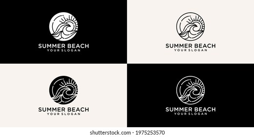 collection of summer beach designs, vector style line art logo concept