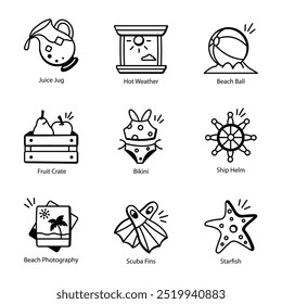 Collection of Summer and Beach Doodle Icons 

