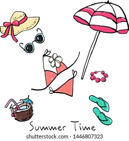 Collection of summer beach doodles with ink contour. Vector stock set. Cute vacation icons. Can be used for printed materials. Travel holiday background. Hand drawn design elements. Festive card.