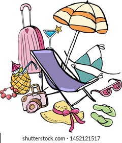 Collection of summer beach doodles with ink contour. Vector stock set. Cute vacation icons. Can be used for printed materials. Travel holiday background. Hand drawn design elements. Festive card.