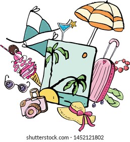Collection of summer beach doodles with ink contour. Vector stock set. Cute vacation icons. Can be used for printed materials. Travel holiday background. Hand drawn design elements. Festive card.