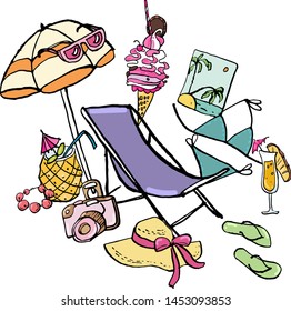 Collection of summer beach doodles with ink contour. Vector stock set. Cute vacation icons. Can be used for printed materials. Travel holiday background. Hand drawn design elements. Festive card.