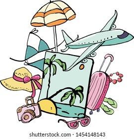 Collection of summer beach doodles with ink contour. Vector stock set. Cute vacation icons. Can be used for printed materials. Travel holiday background. Hand drawn design elements. Festive card.