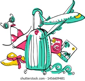 Collection of summer beach doodles with ink contour. Vector stock set. Cute vacation icons. Can be used for printed materials. Travel holiday background. Hand drawn design elements. Festive card.