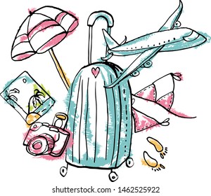 Collection of summer beach doodles with ink contour. Vector stock set. Cute vacation icons. Can be used for printed materials. Travel holiday background. Hand drawn design elements. Festive card.