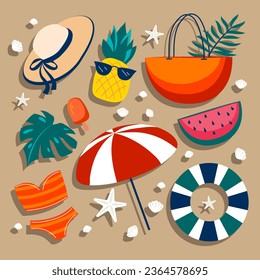 Collection of summer beach elements. Bright cartoon summertime things. Shells and starfish on the sand. Vacation mood vector illustration. Set of season food, clothes and symbols.
