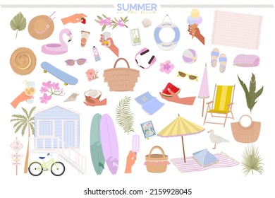 Collection of summer beach elements. Summer leisure activity, camping, season food, picnic icon. Editable vector illustration