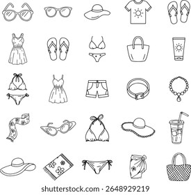 Collection of Summer Beach Fashion Icons Minimalist Line Art