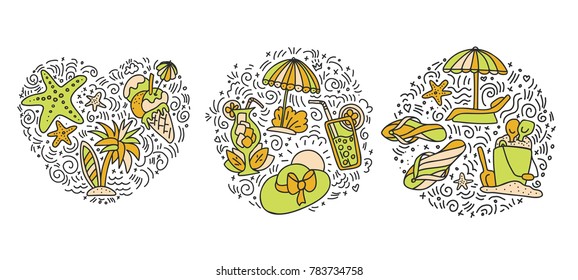 Collection of Summer and beach hand draw icon concept. Travel summer icons collection in round and heart form with cartoon decorative elements. Coconut, surfing boat, sand, ice cream elements. Happy