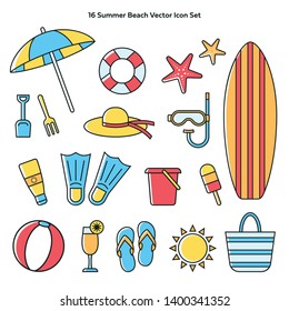 Collection of Summer Beach Icons, line and color vector, illustration flat design. Set of signs for infographic, logo, app, website design, social media. Holiday and vacation theme.
