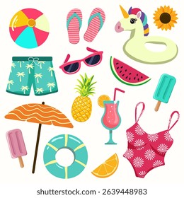 Collection of summer beach icons. Umbrella, swimsuit, sunglasses, ice cream, cocktail, unicorn balon, swim trunks. Vector illustration on isolated background