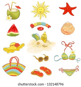 Collection of summer beach symbols, vector set 1.